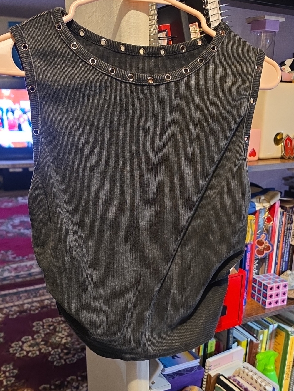 SHEIN Black Ribbed Tank with Grommet Trim
